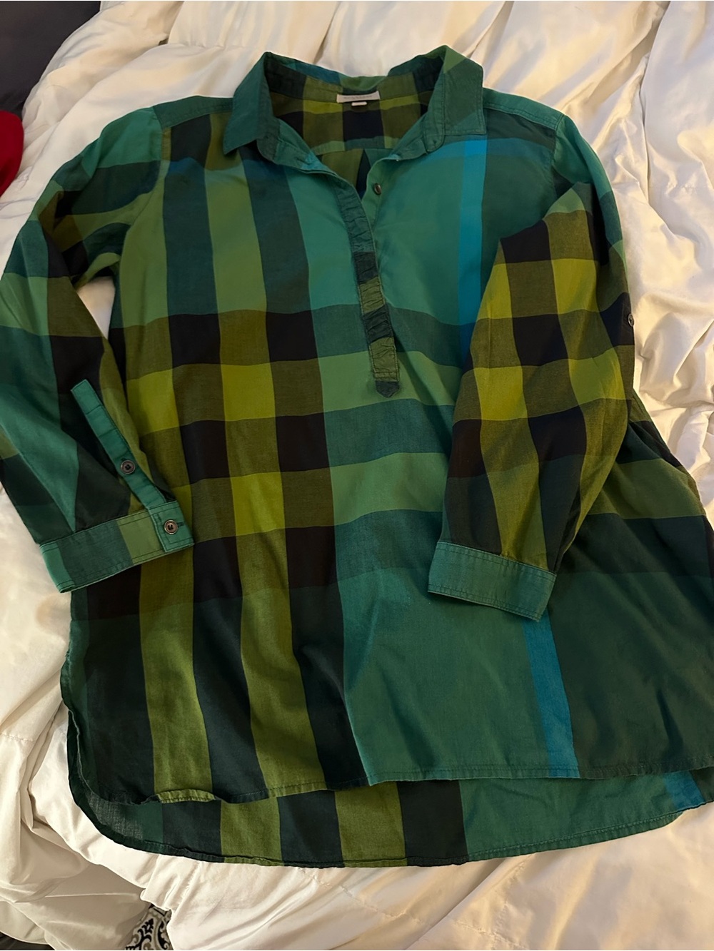 XL Burberry Green Plaid Button-Front Tunic